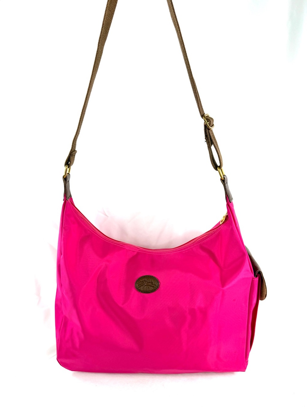 Longchamp Le Pliage Fuchsia Pink Canvas Hobo Messenger Shoulder Crossbody Bag